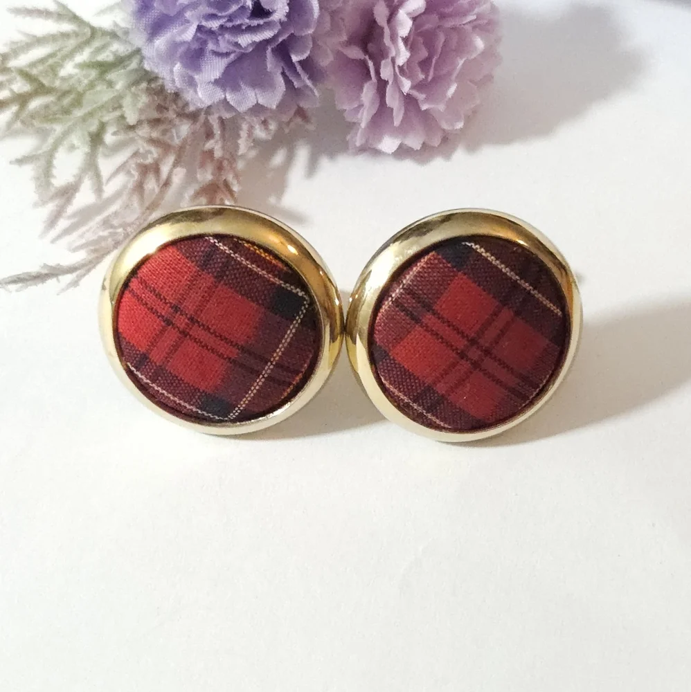 Vintage Tartan Plaid Wool Gold Tone Cufflinks Scottish Style
